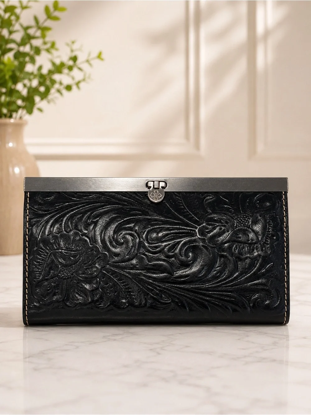 Patricia Nash Black Tooled Leather Wallet Clutch Embossed Organizer